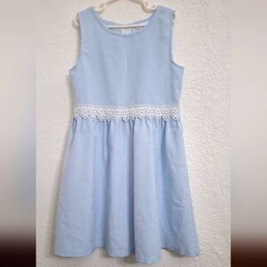 Girls Dress Sz. 10 Baby Blue/ White Stripes with Lace Trim. EUC